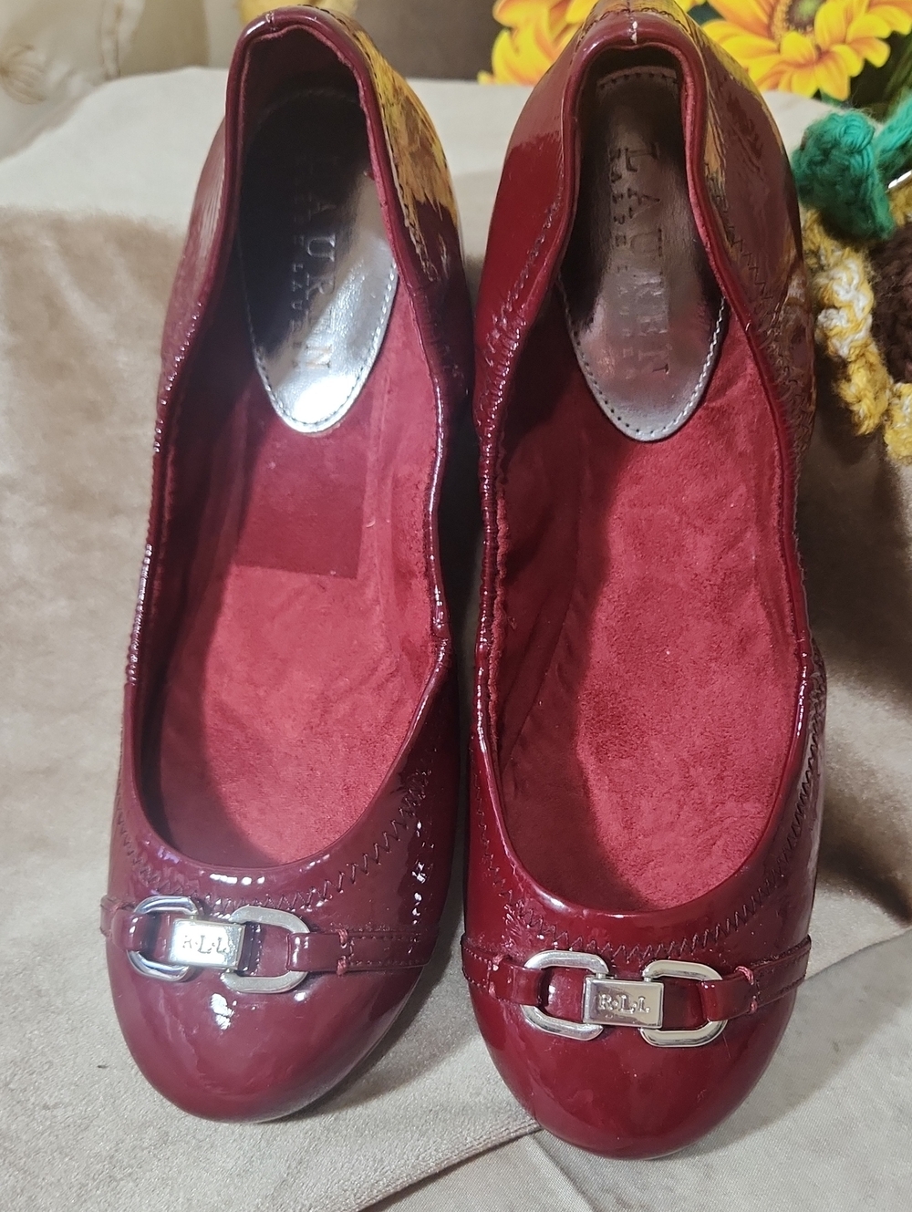 Lauren Ralph Lauren Women's Patent Burgundy Ballet Flats with Gold Buckle